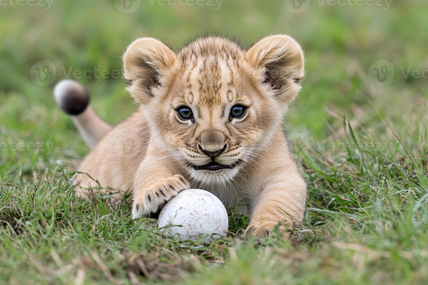 A lion cub playing with a ball in the grass photo