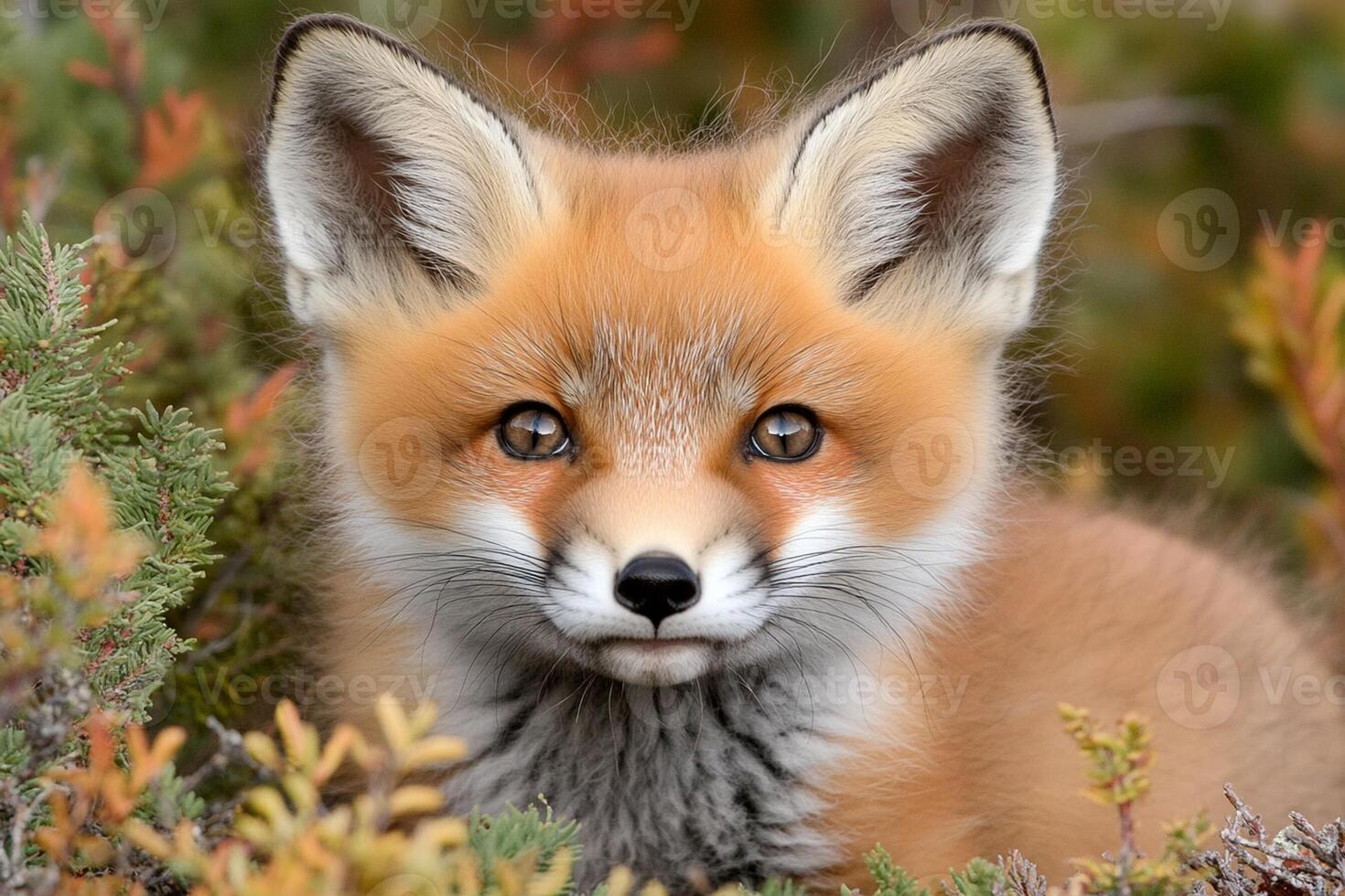 A fox is sitting in the grass and looking at the camera photo