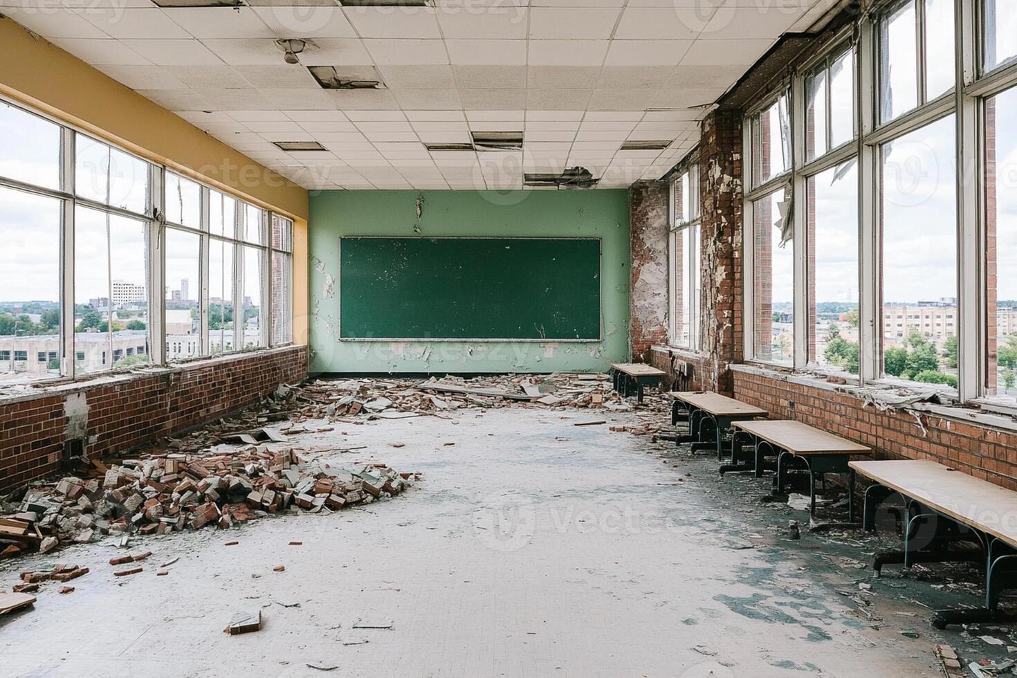 An empty classroom with a chalk board and benches photo