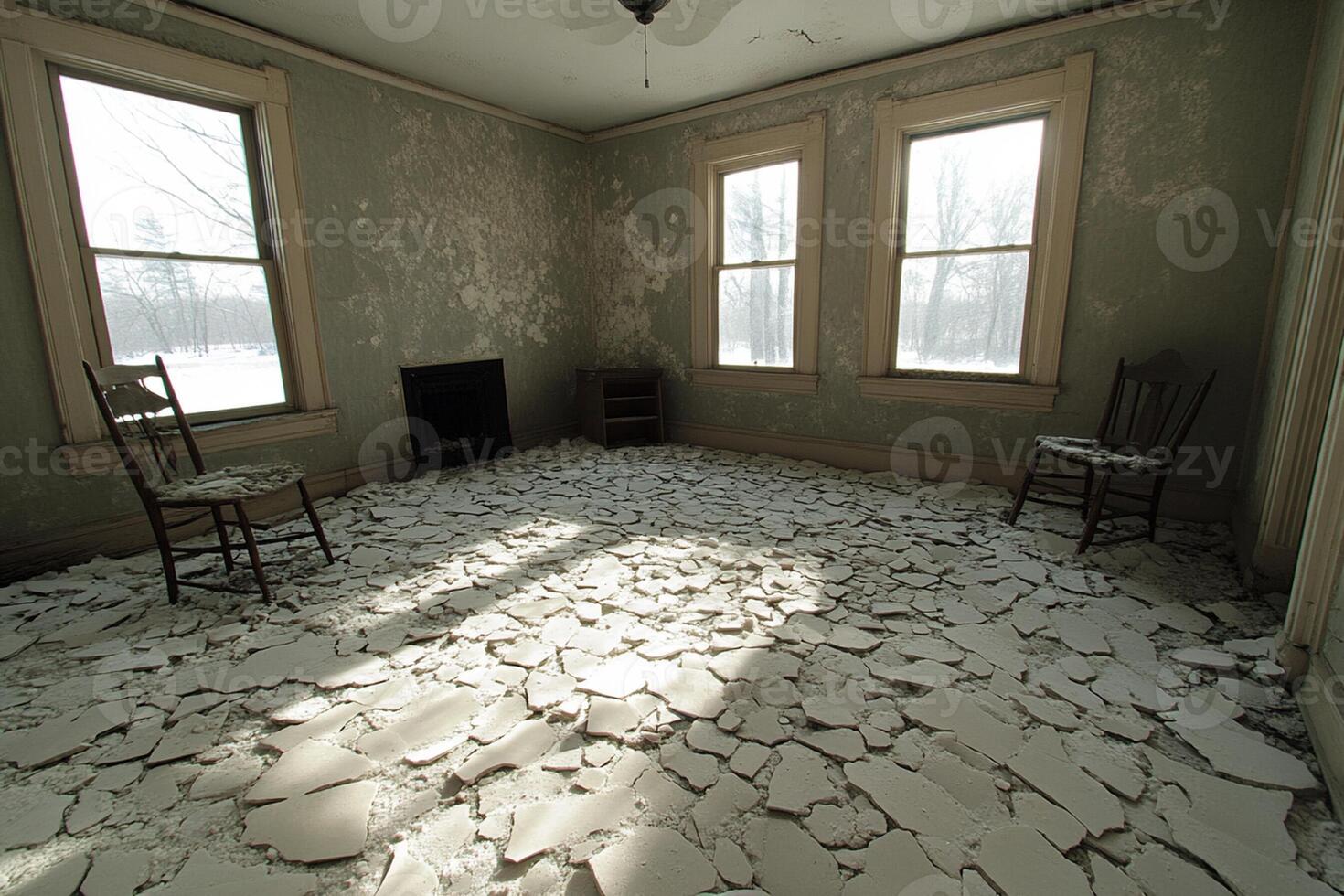 A room with broken tiles and a chair photo