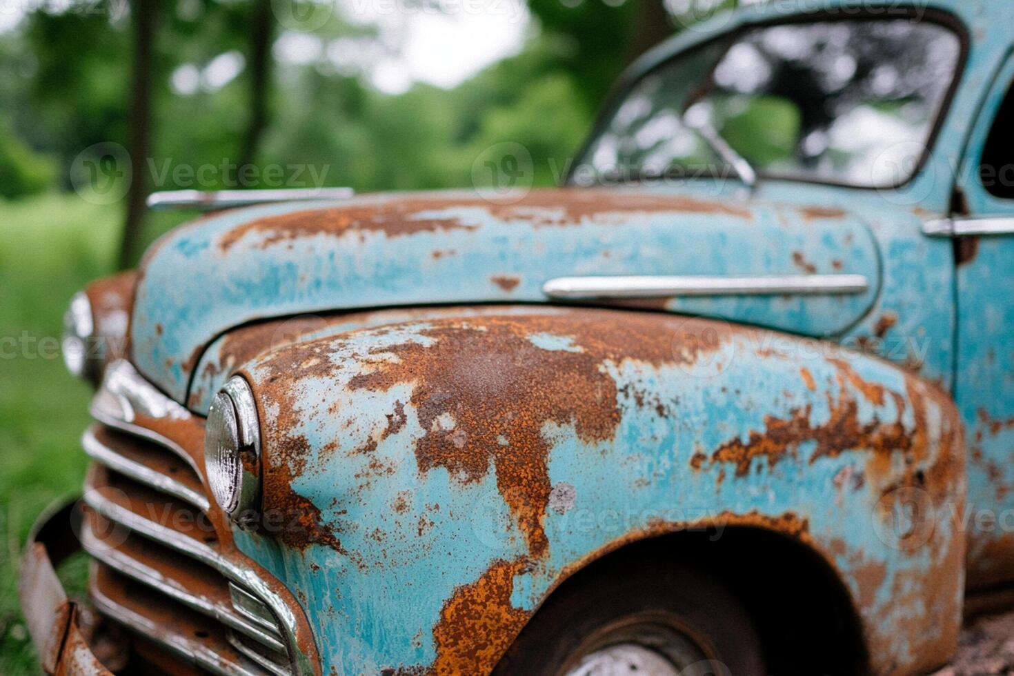 An old rusty truck is parked in the grass photo