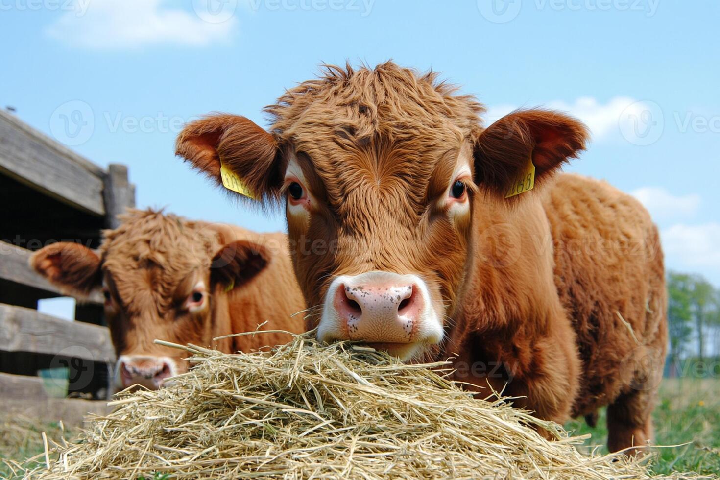 Two cows eating hay in a field photo