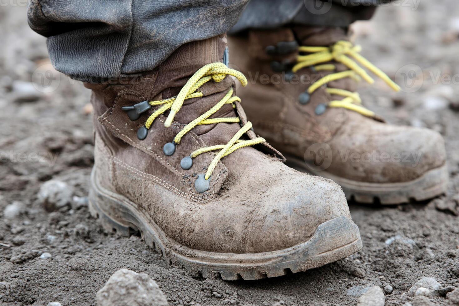 A close up of a man's feet in muddy boots photo