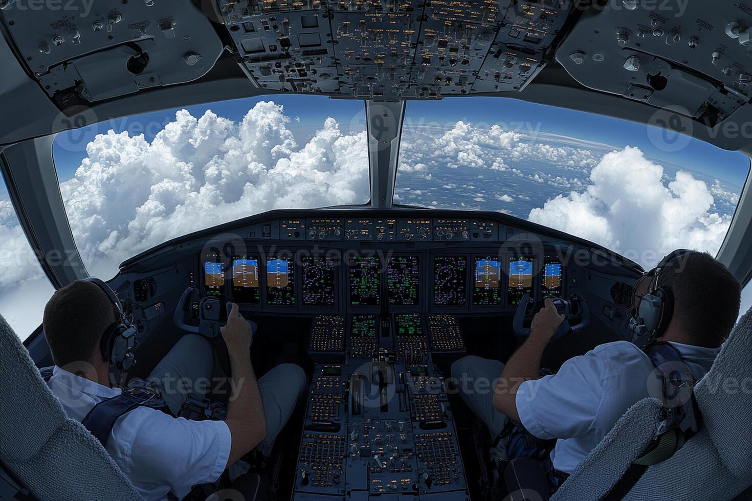 Two pilots in the cockpit of a plane photo