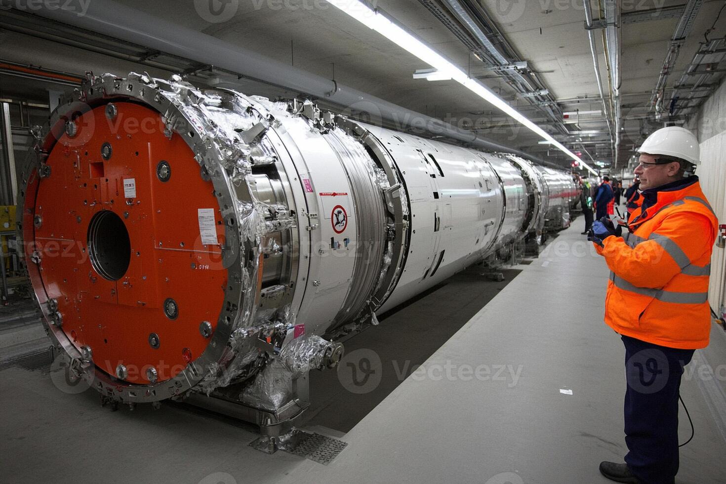 A man in an orange vest standing next to a large machine photo