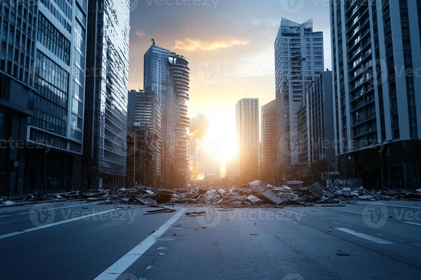 A city street with rubble and debris in the middle photo