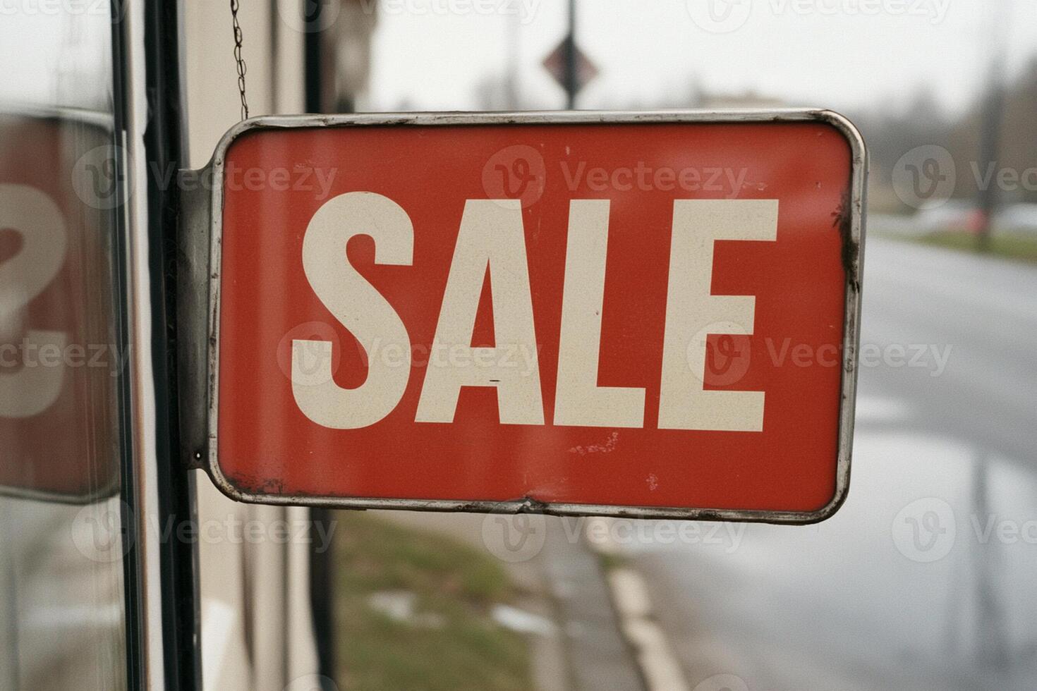 A sale sign hangs from a window in front of a store photo