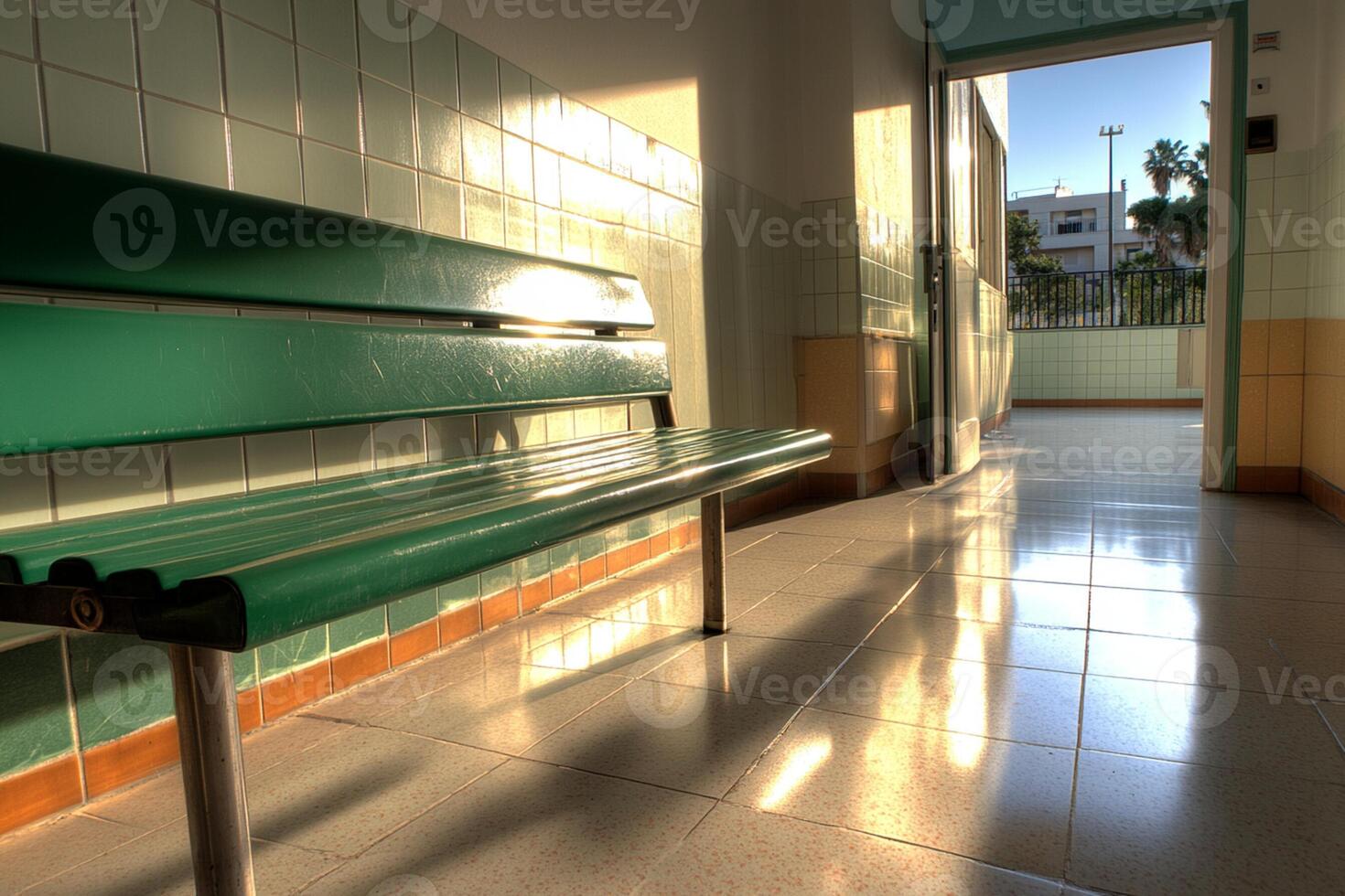 A green bench sitting in a hallway with a door photo