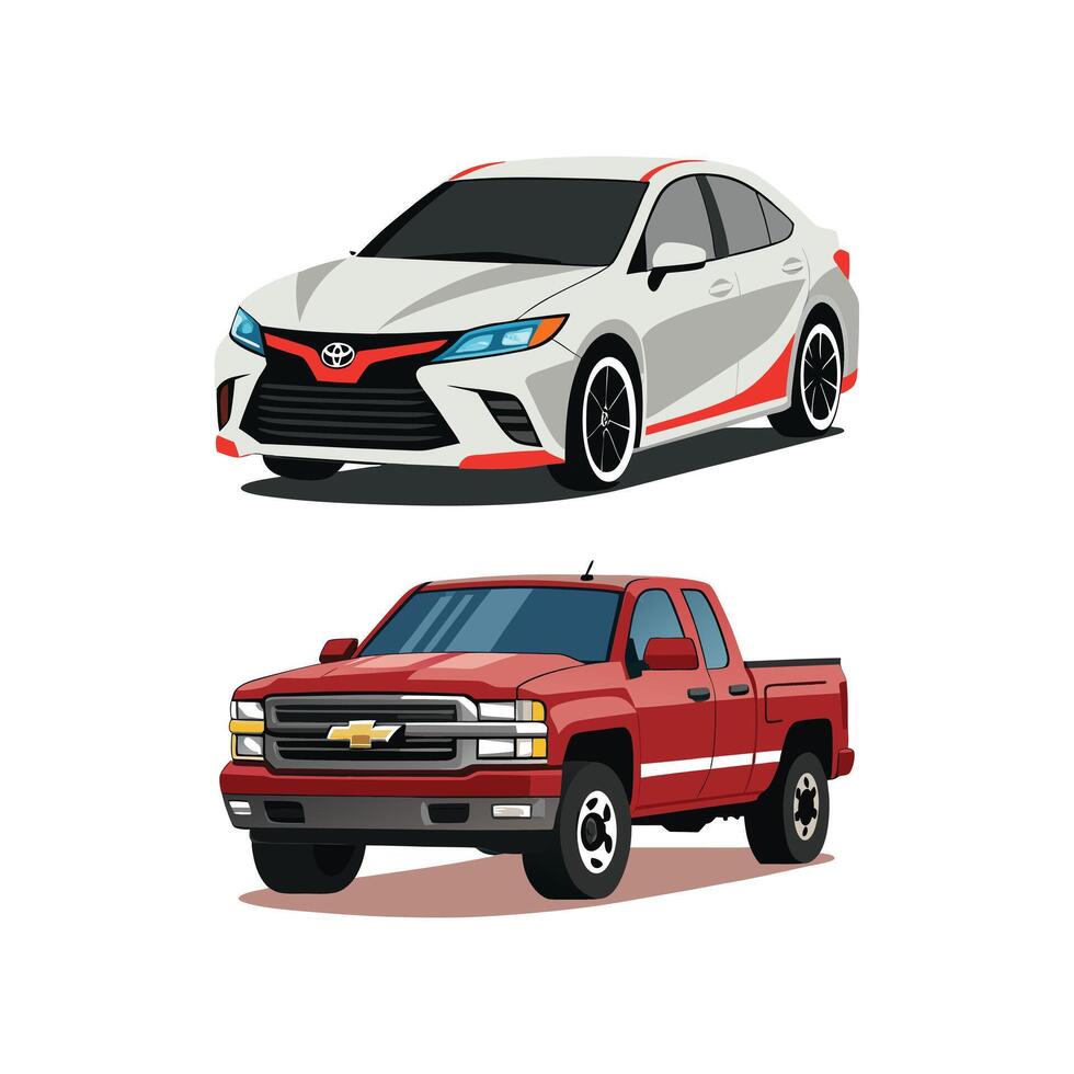 Sedan and Pickup Truck Vehicle Comparison, Car Illustration, Automotive Design vector