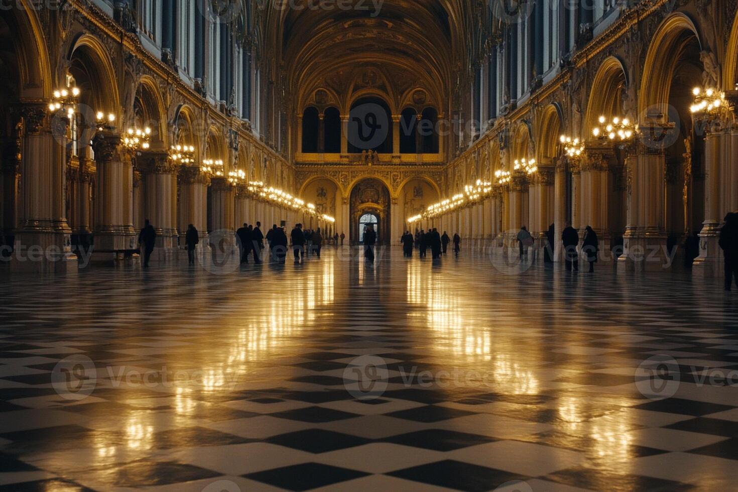 A long hallway with people walking in it photo