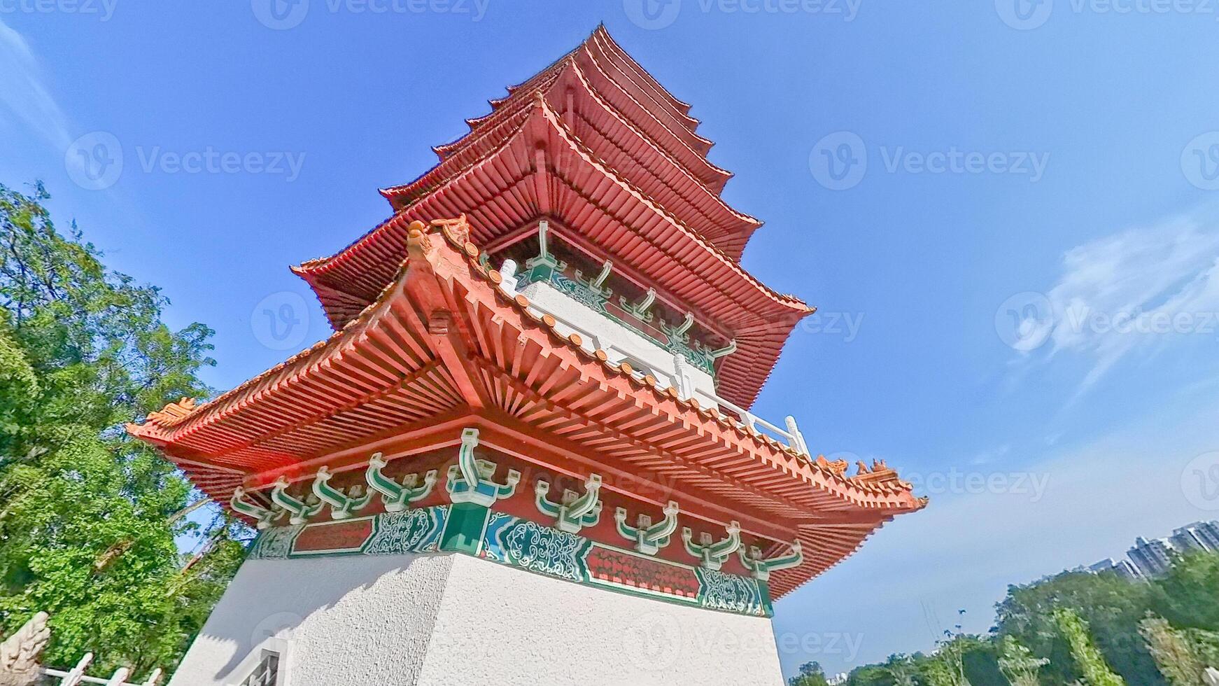Singapore Chinese Garden. Chinese pavilions with red roofs and white railings stand over a lake under a bright blue sky. photo