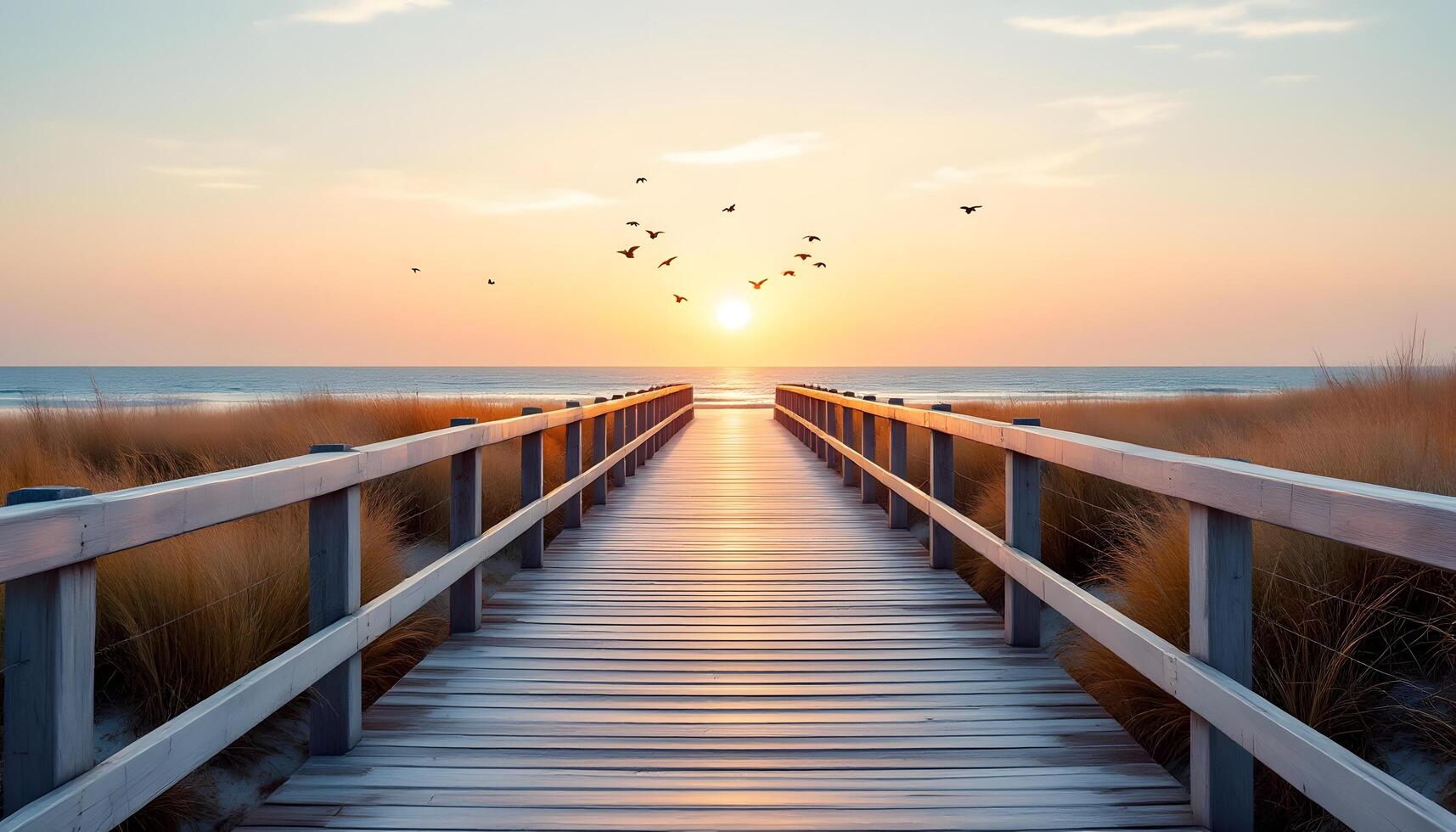 Wooden Boardwalk to the Beach at Sunset photo