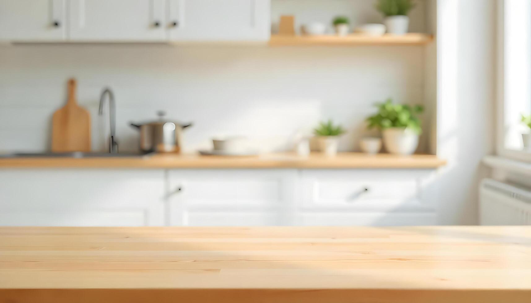 Kitchen with a wooden table and a clean bright interior design. photo