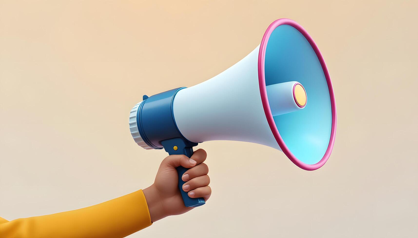 A vibrant and cheerful 3D cartoon rendering of a stylized arm and hand holding a megaphone against a pure cream backgroun photo