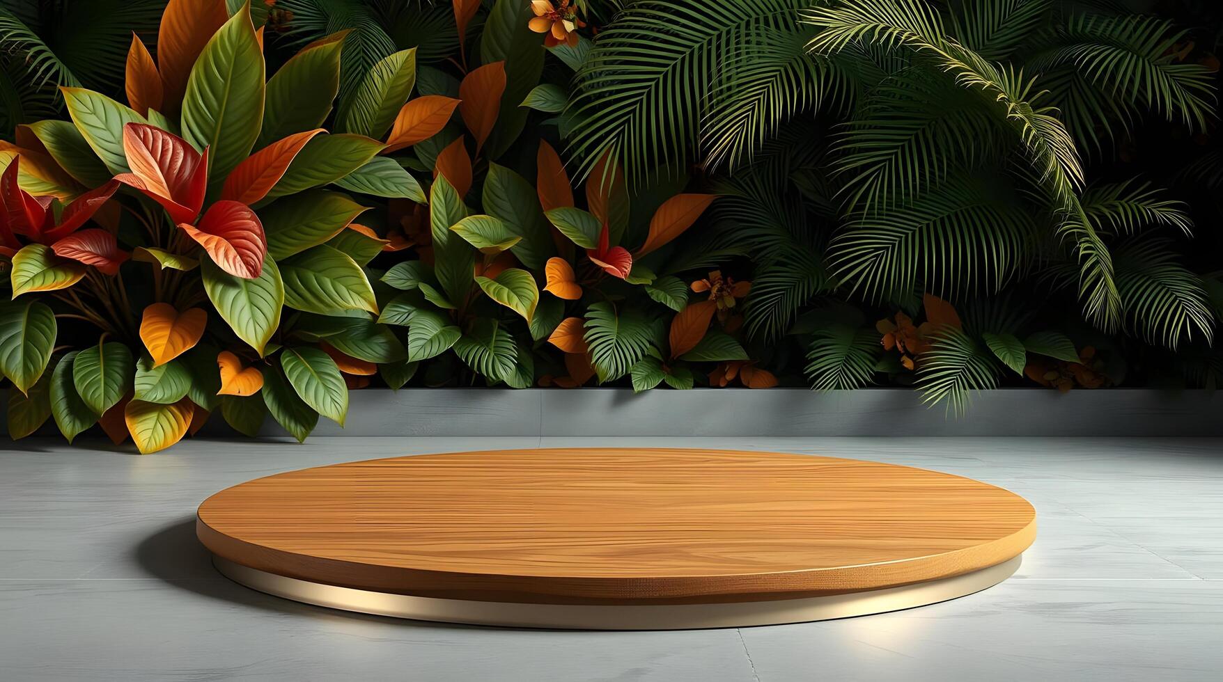 Minimalist Wood Stand with a Lush and Textured Tropical Foliage photo