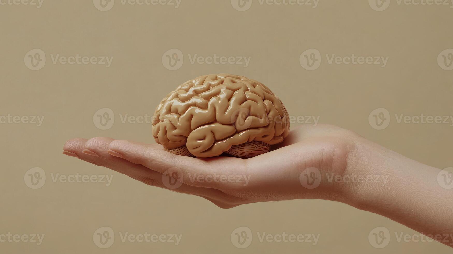 A hand holds a model of a brain against a beige background photo