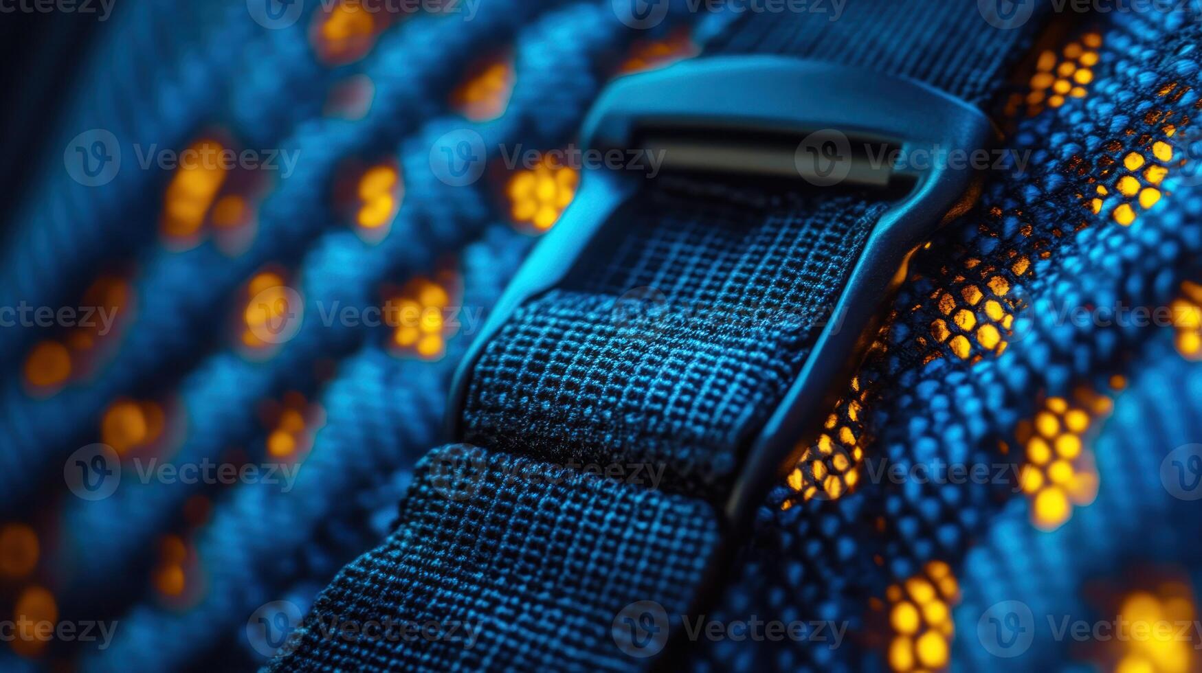 Close-up of a backpack strap buckle. Detailing the textured, breathable fabric and the functional fastening component photo
