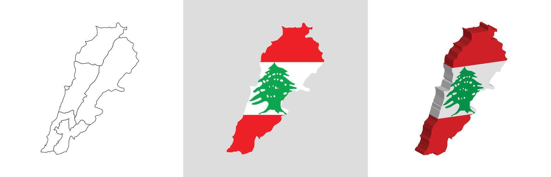 Lebanon outline, fill with flag and 3d map vector