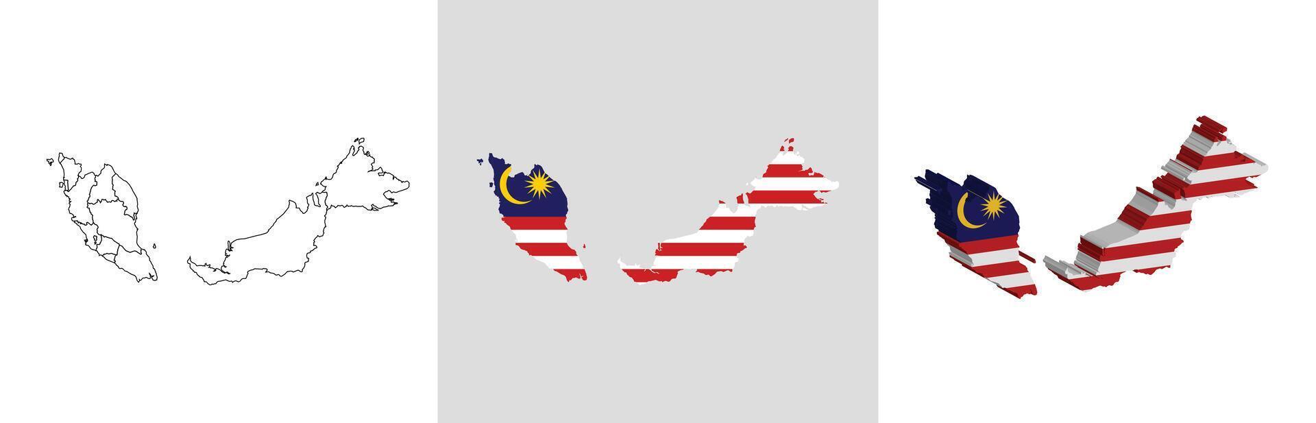 Malaysia outline, fill with flag and 3d map vector