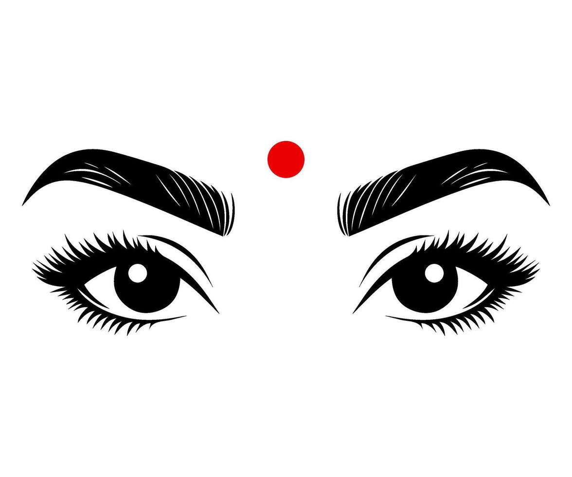 Bindi. Eyes Indian girls with bindi. Indian traditional red dot on the forehead. vector