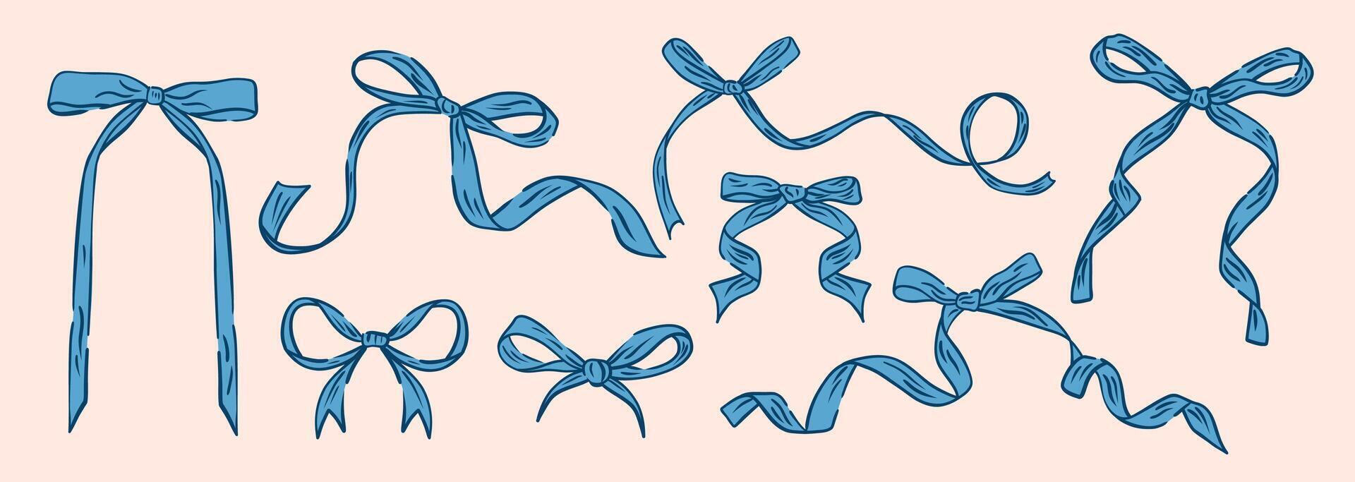 Set coquette bows. Bow and ribbon for wedding, birthday, gift, christmas cards, poster, frames. Hand drawn elements vector