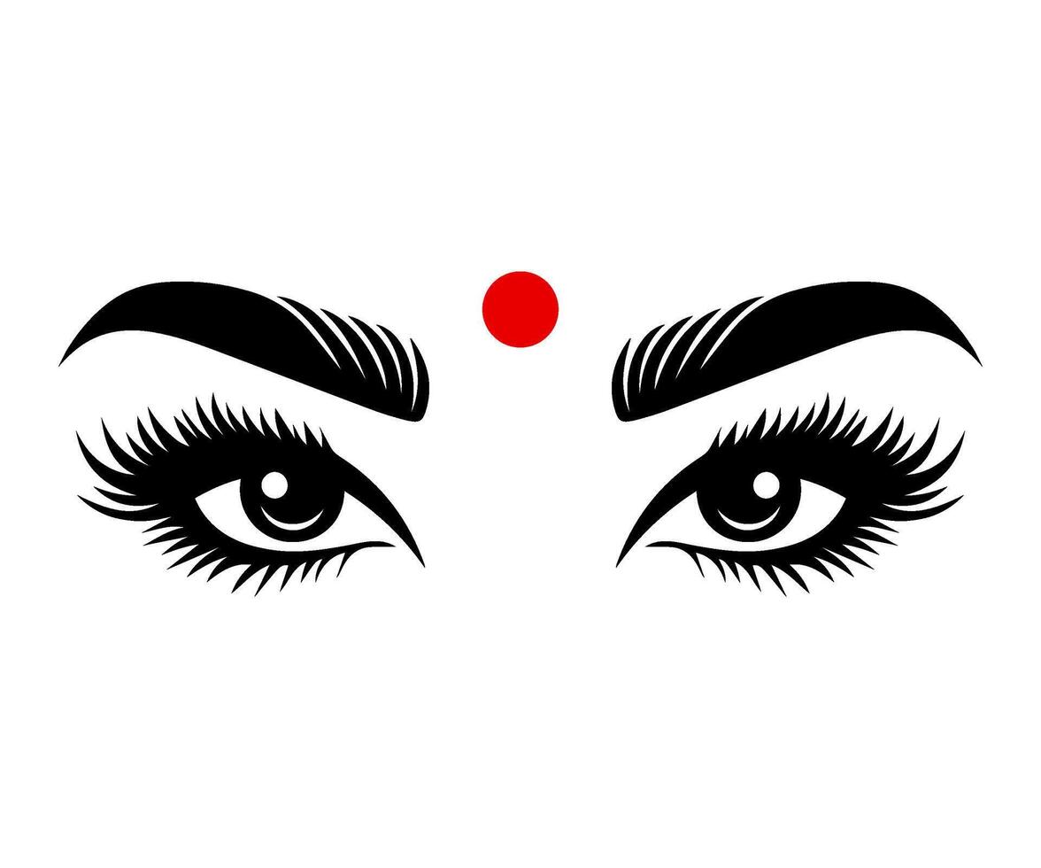 Indian woman's eyes with bindi. Indian traditional red dot on the forehead. vector