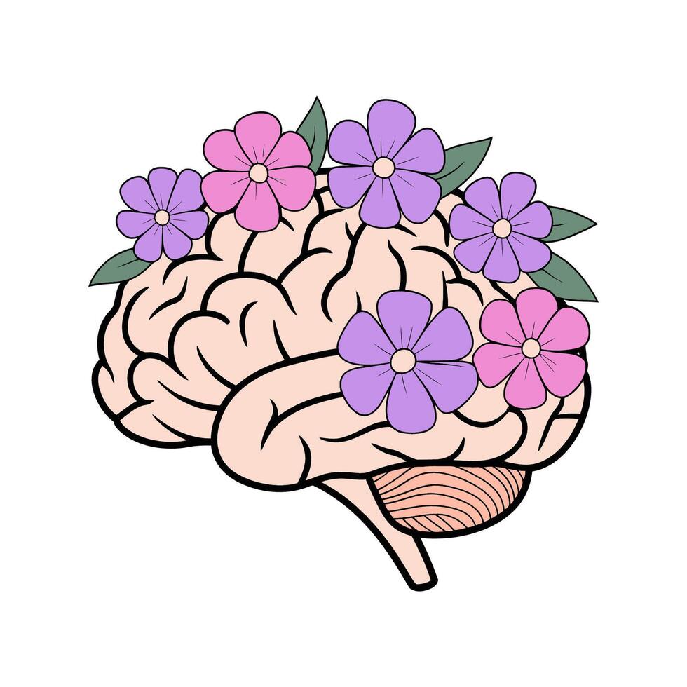 Brain with Flowers Floral Mental Health Illustration vector