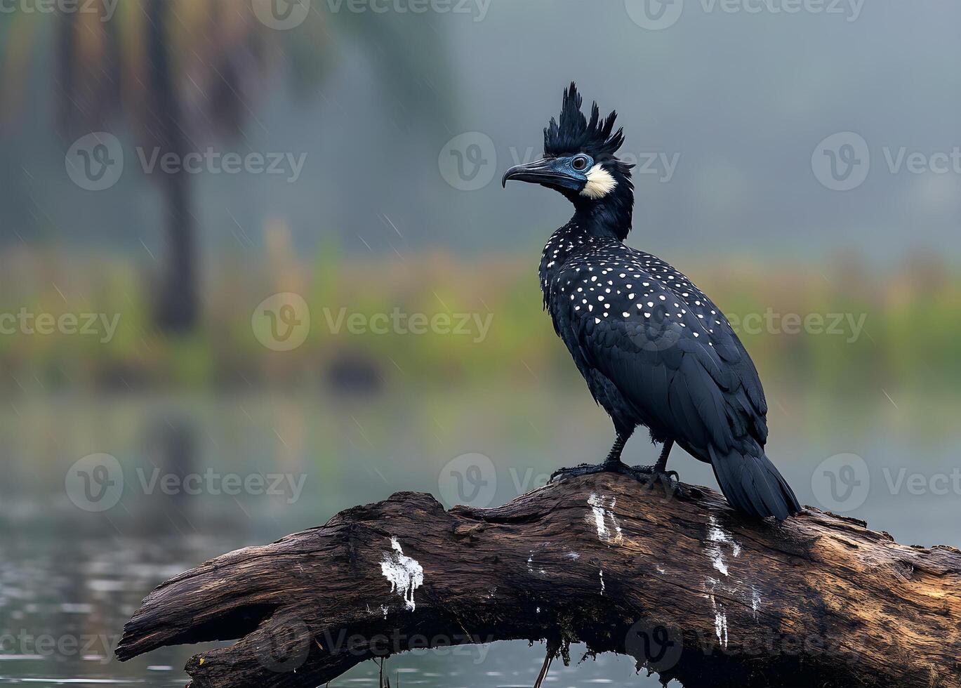 A beautiful view of a Black Cormorant Perched bird standing on a tree branch photo