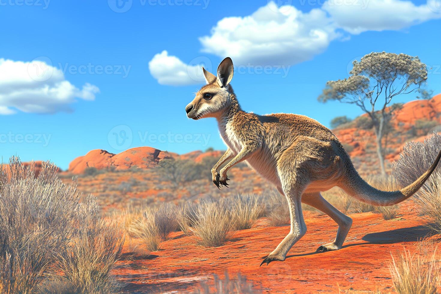 View of a kangaroo walking on red soil under a clear blue sky photo