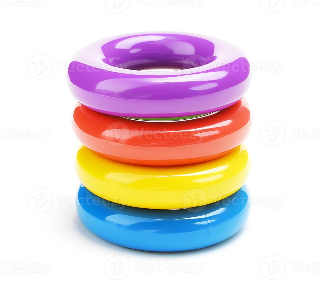 View of a set of Various colors toy rings for girls on a white background photo
