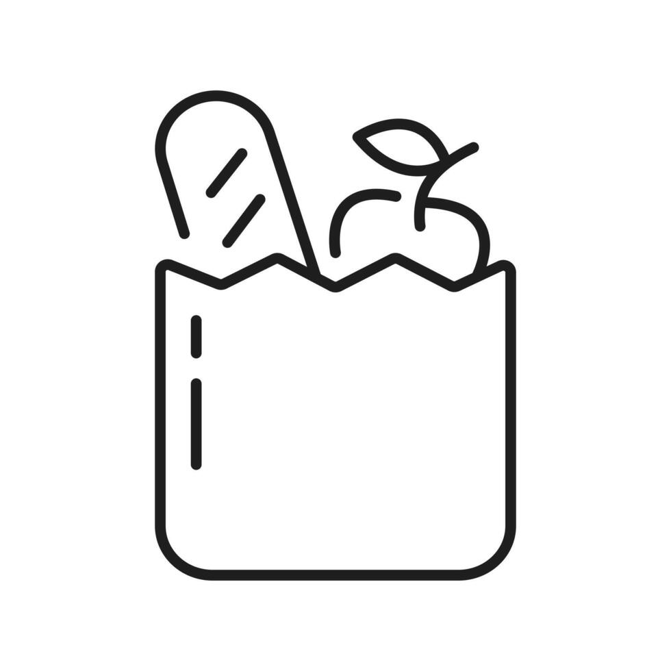 Grocery icon. Shopping bag with bread and apple fruit symbol. Store, supermarket, delivery, promotion, shopping cart. Editabe line vector