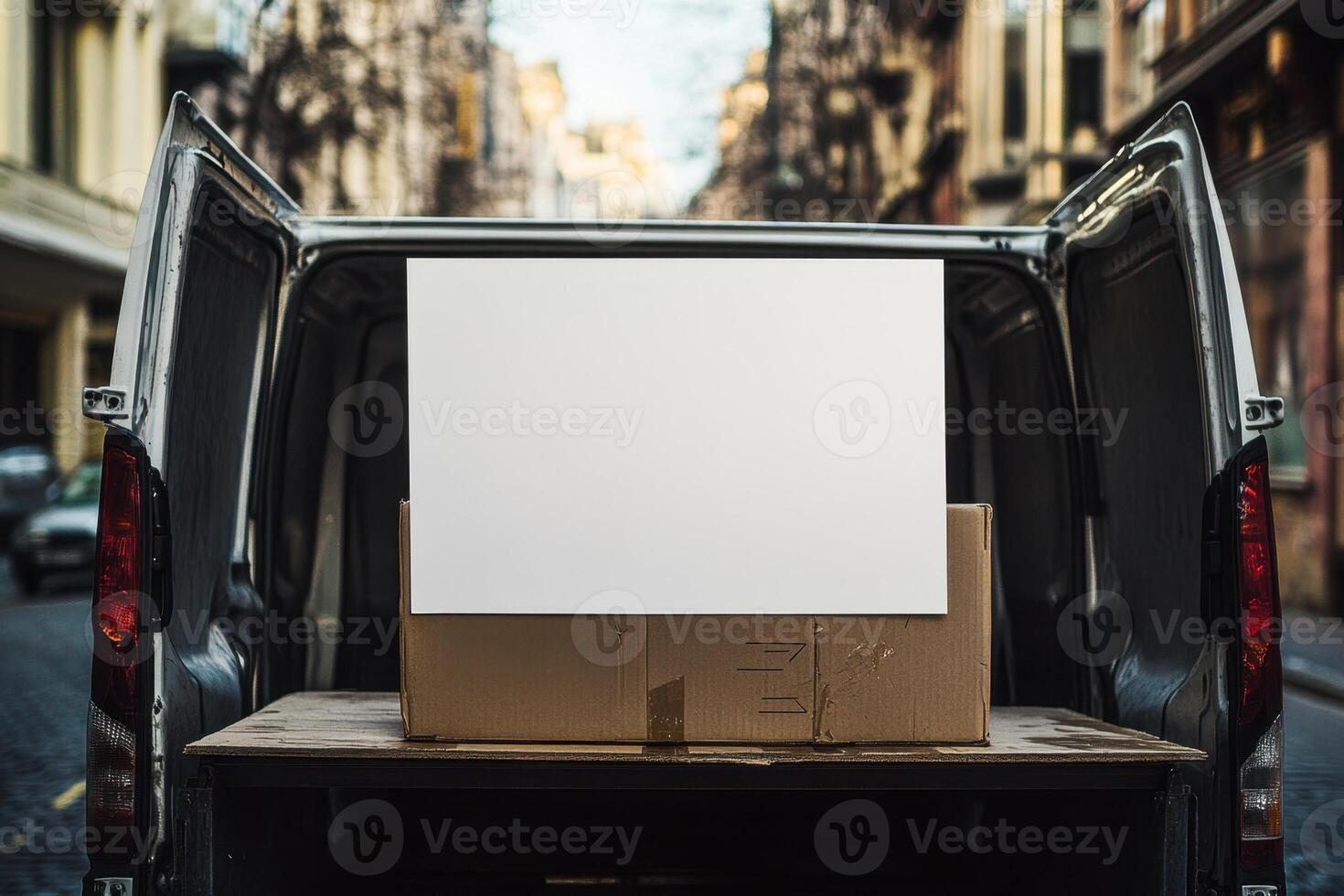 A white box is sitting on the back of a truck photo