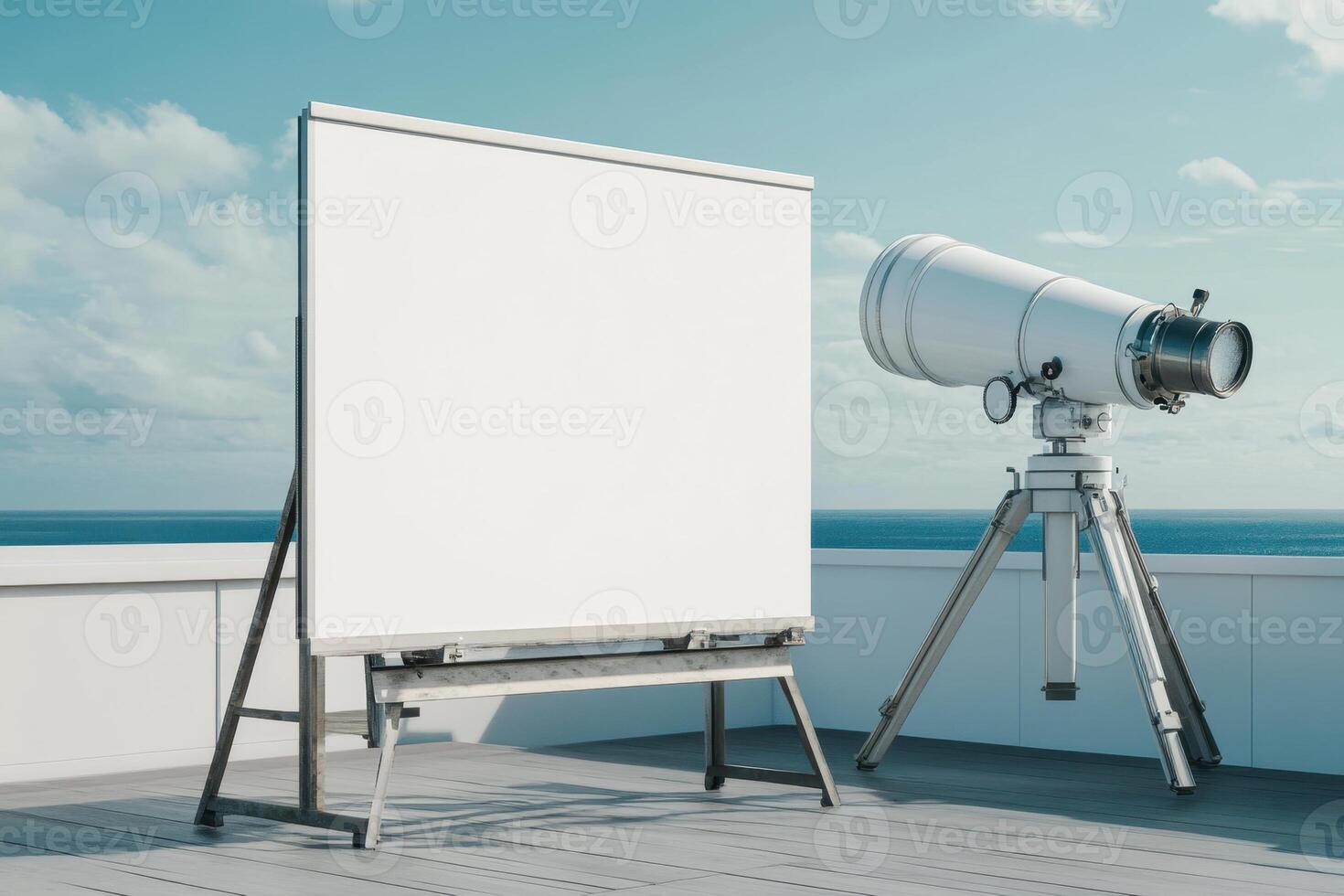 A white board is on a ledge next to a telescope photo