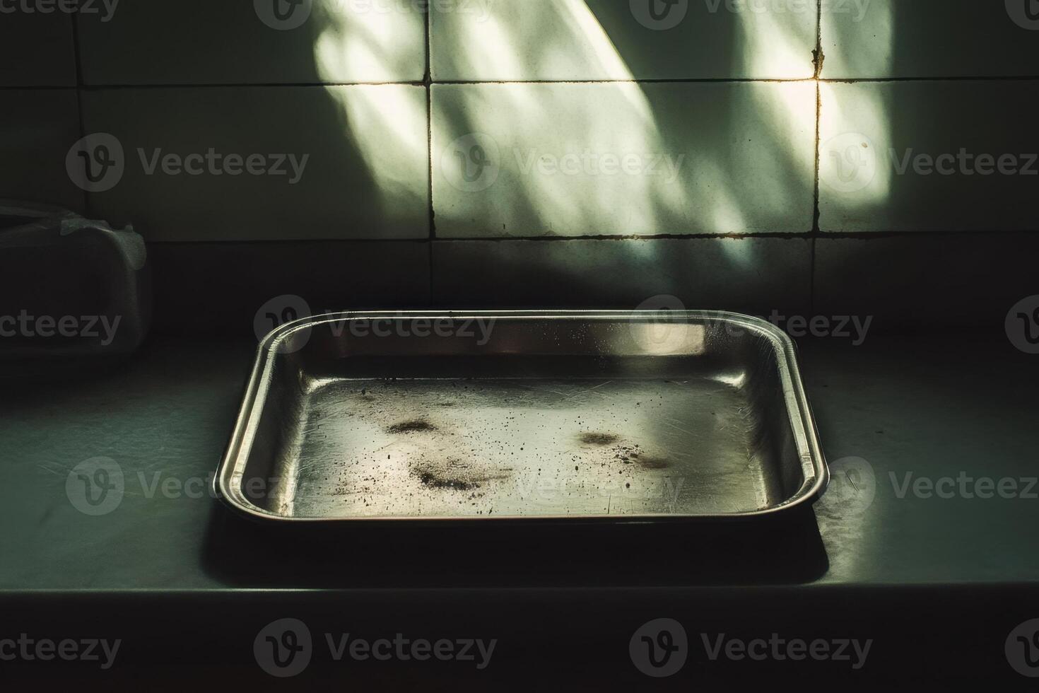 A dirty pan sits on a countertop photo