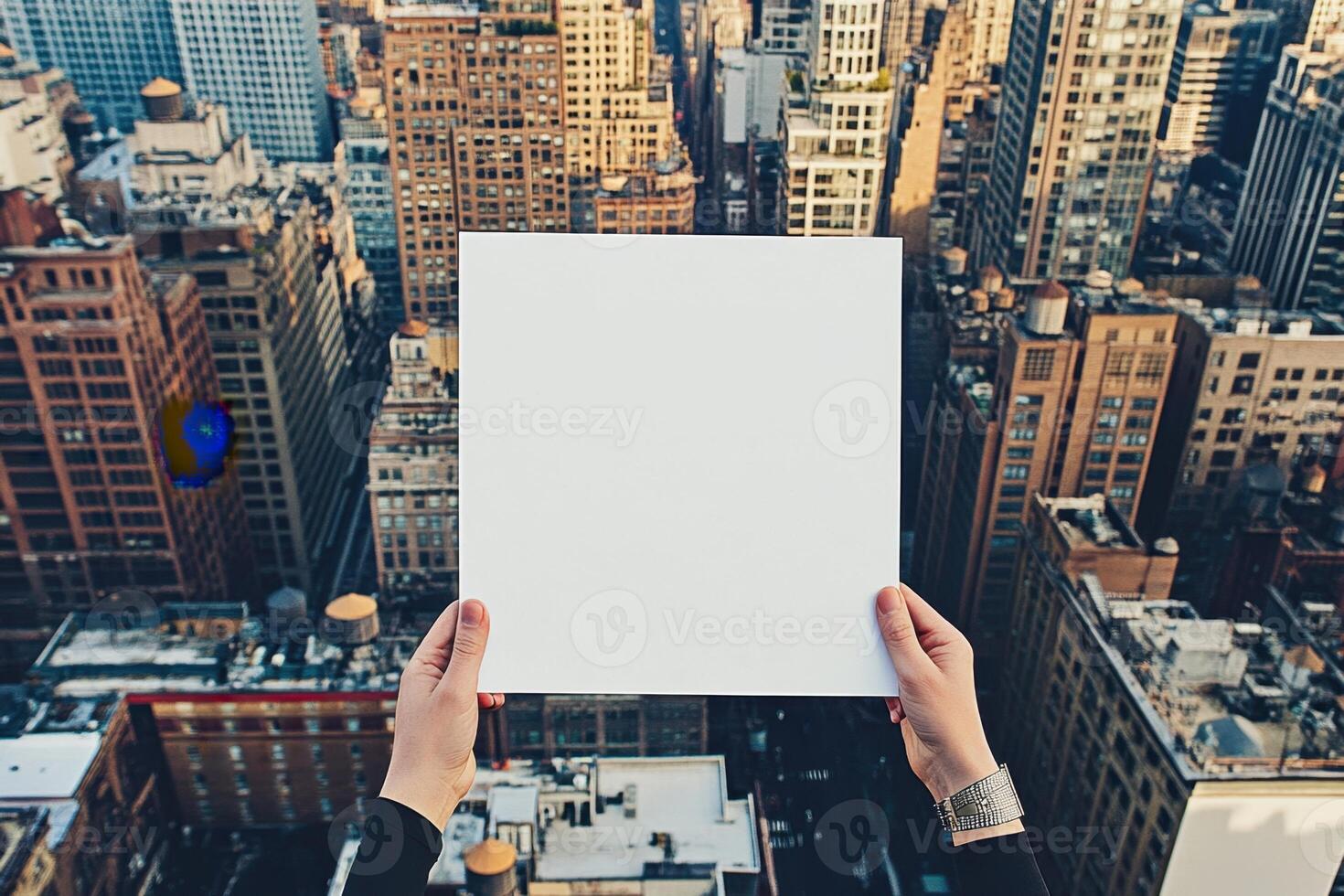 A person holding a white piece of paper in front of a city skyline photo