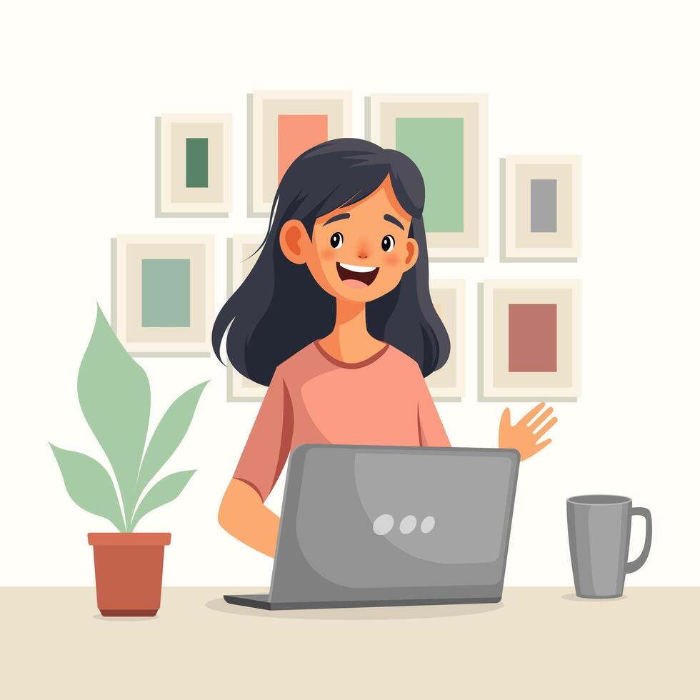 Illustration of a young female freelancer sitting at a desk with a laptop, working online in a modern home office. Represents freelance lifestyle, creativity, and technology. Not AI. vector