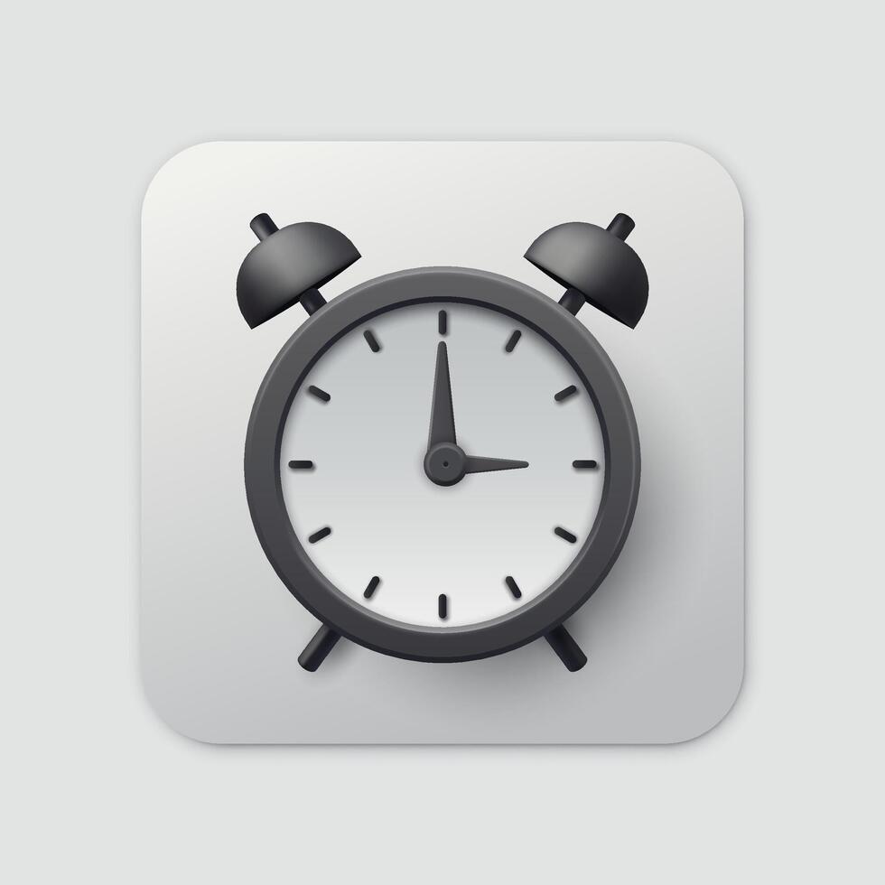 3D black alarm clock icon with clear clock face, minute and second hands, symbolizing time, accuracy, deadline, reminder, and countdown in a modern design. Not AI. vector
