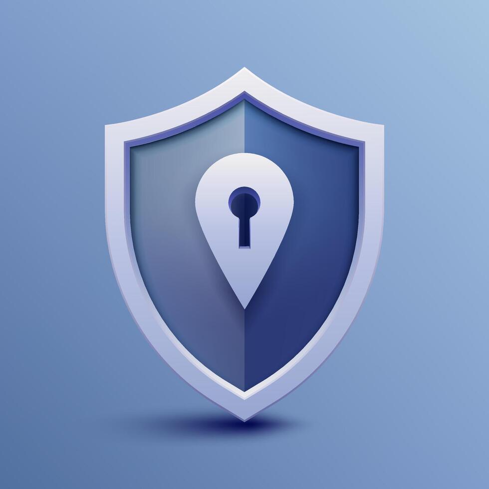 3D blue and white VPN shield icon with lock, symbolizing internet security, firewall, privacy, encryption, password protection, trust, and global network safety in cyberspace. Not ai. vector