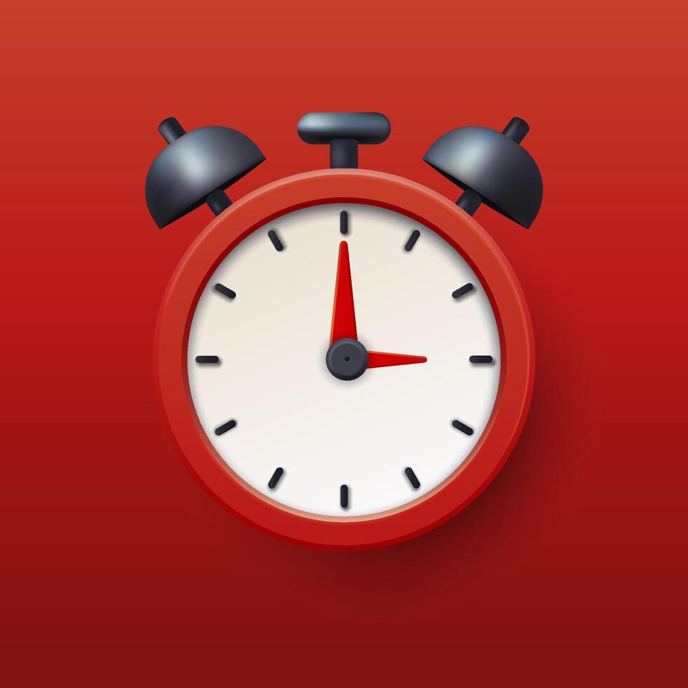 3D red alarm clock icon with clear clock face, minute and second hands, symbolizing time, accuracy, deadline, reminder, and countdown in a modern design. Not AI. vector