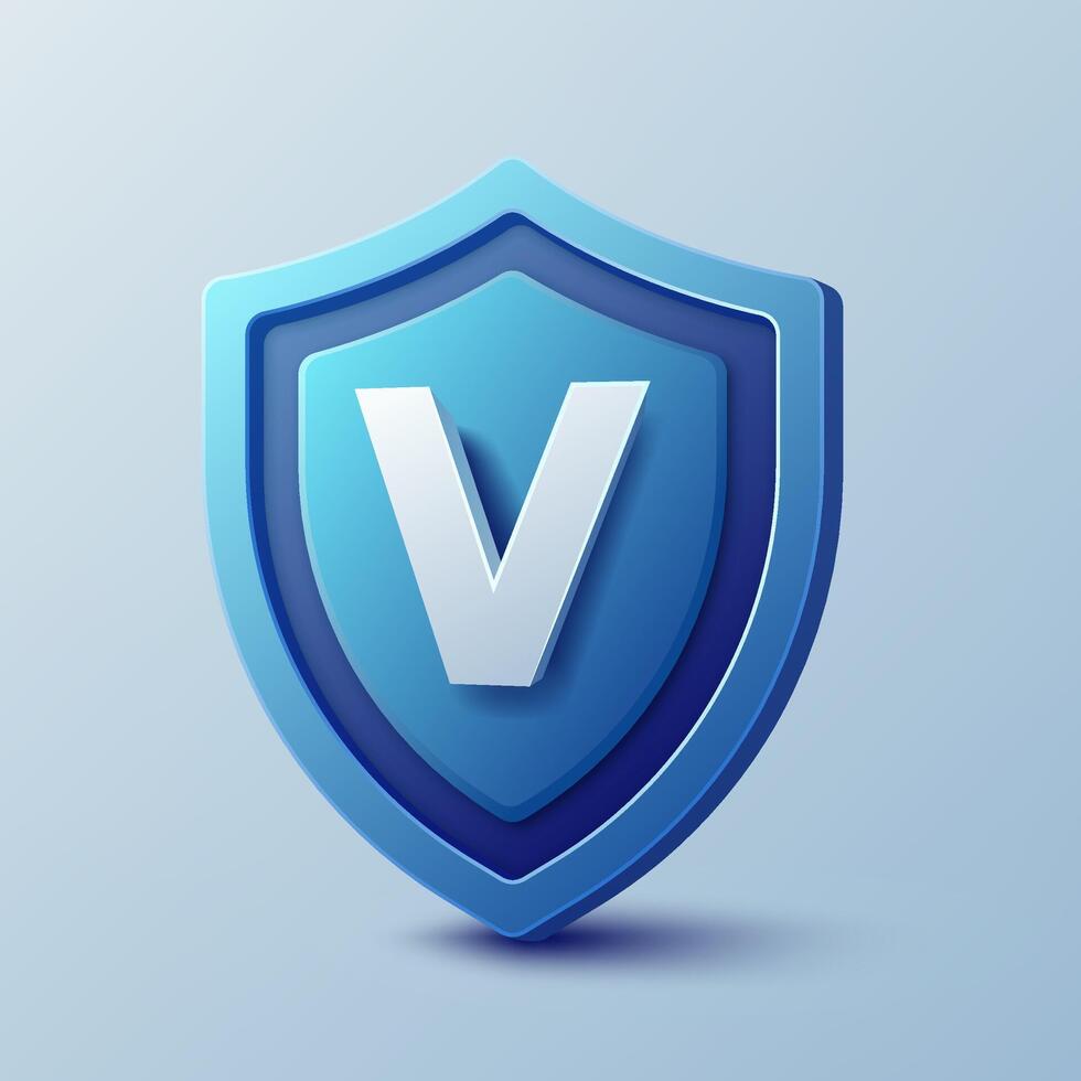3D icon of a VPN blue shield with glossy finish, symbolizing internet security, firewall, encryption, privacy, network protection, digital safety, and trust in cyberspace. Not ai. vector