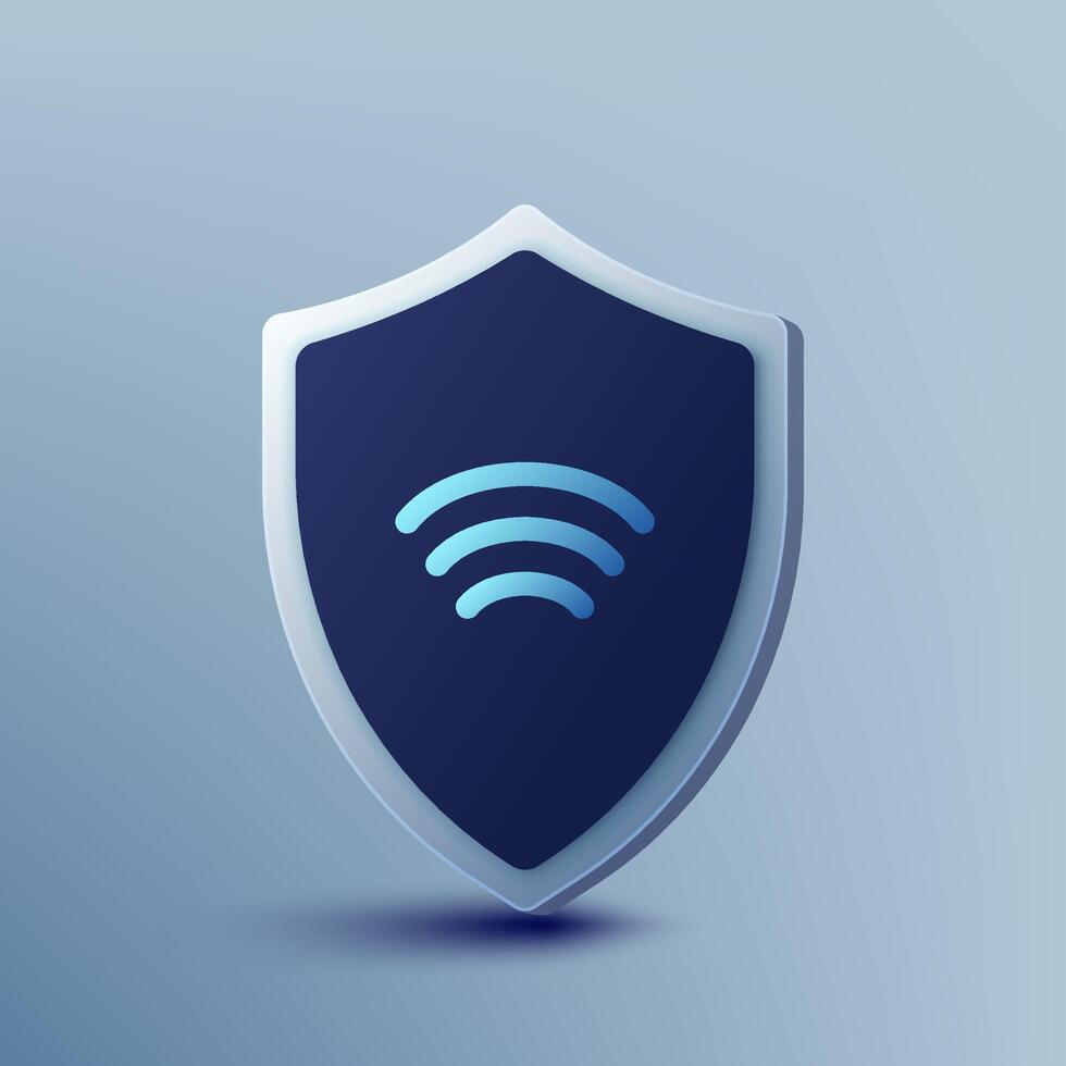 3D blue and white VPN shield icon with wifi, symbolizing internet security, firewall, privacy, encryption, password protection, trust, and global network safety in cyberspace. Not ai. vector