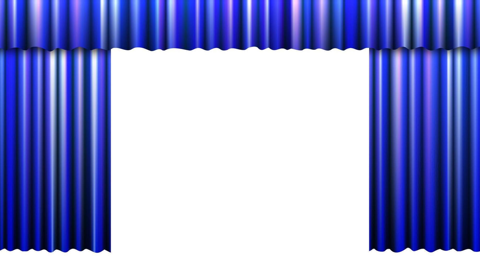 Open blue stage curtain with elegant folds and soft velvet texture. Theatrical backdrop for opera, ballet, performance or cinema premiere. Perfect for banners, web or event presentations. vector