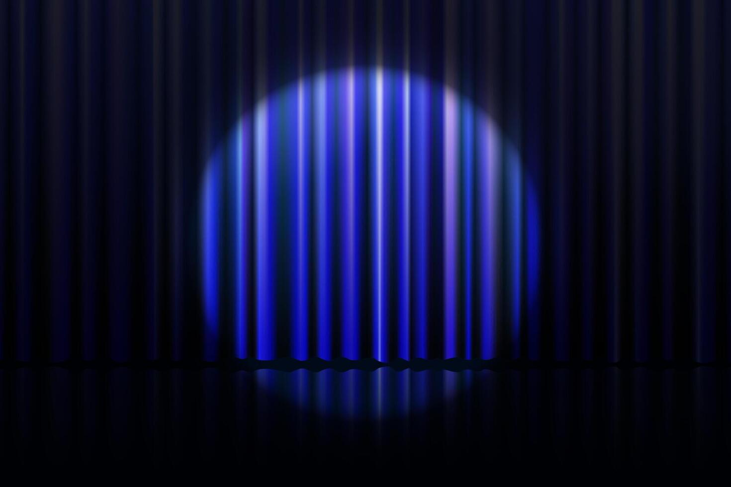 Realistic blue stage curtain with soft silk drapes and spotlight beam. Elegant background with floor reflection and dramatic lighting. Perfect for award ceremony, theatre or movie premiere. vector