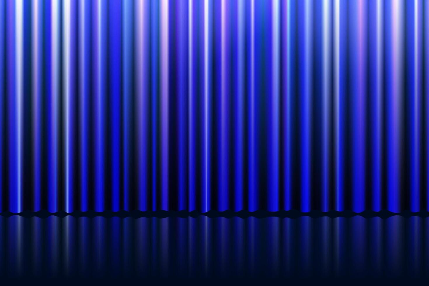Elegant blue stage curtain with velvet folds and floor reflection. Classic theatrical backdrop for opera, cinema, concert or graduation. scene with spotlight, glamour and dramatic atmosphere. vector
