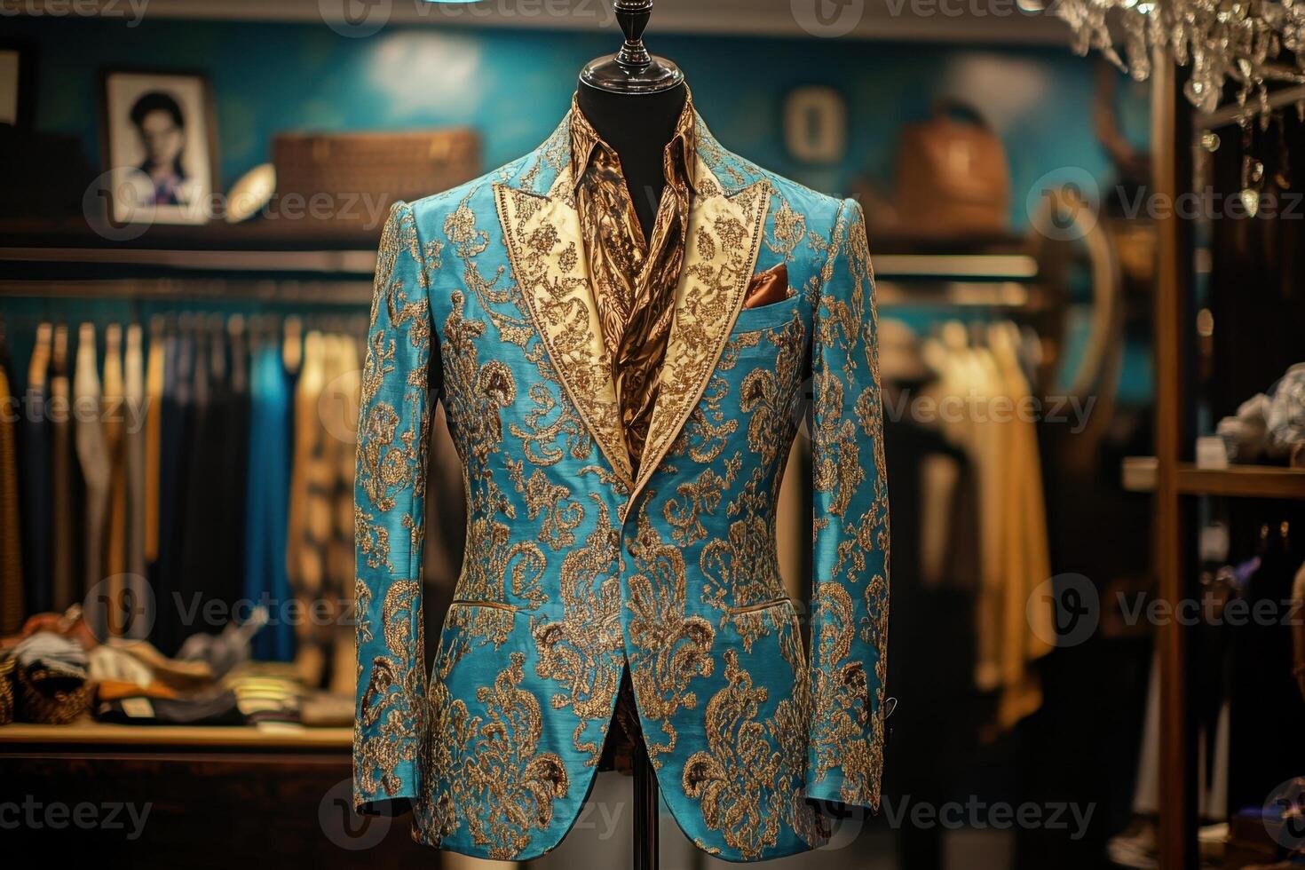 A blue and gold jacket with gold trim is on display in a store photo