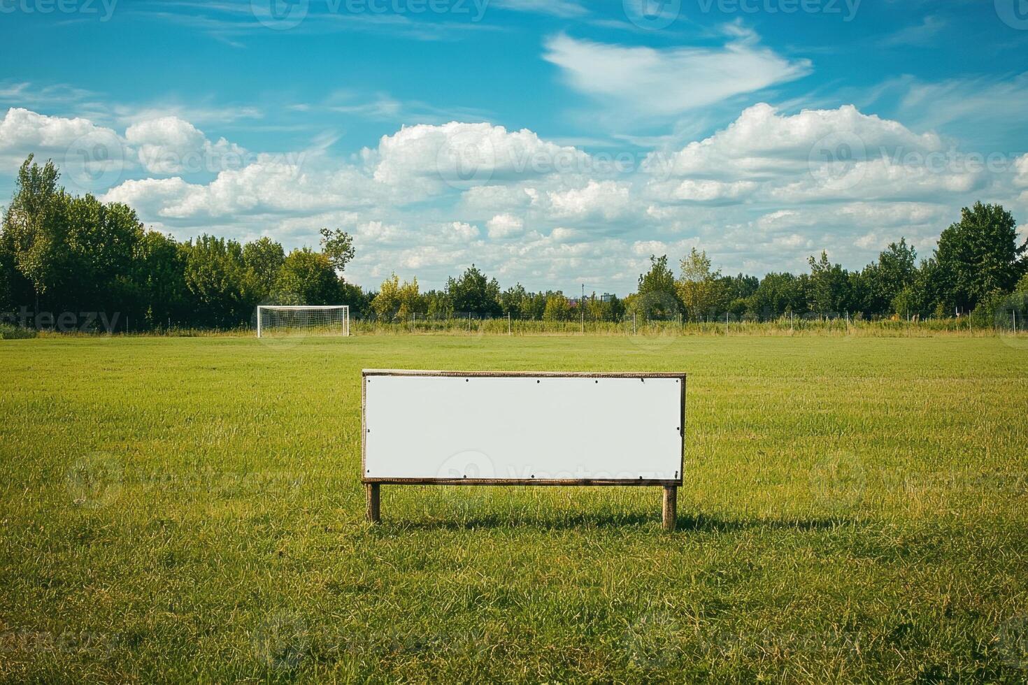 A white sign sits in a grassy field photo