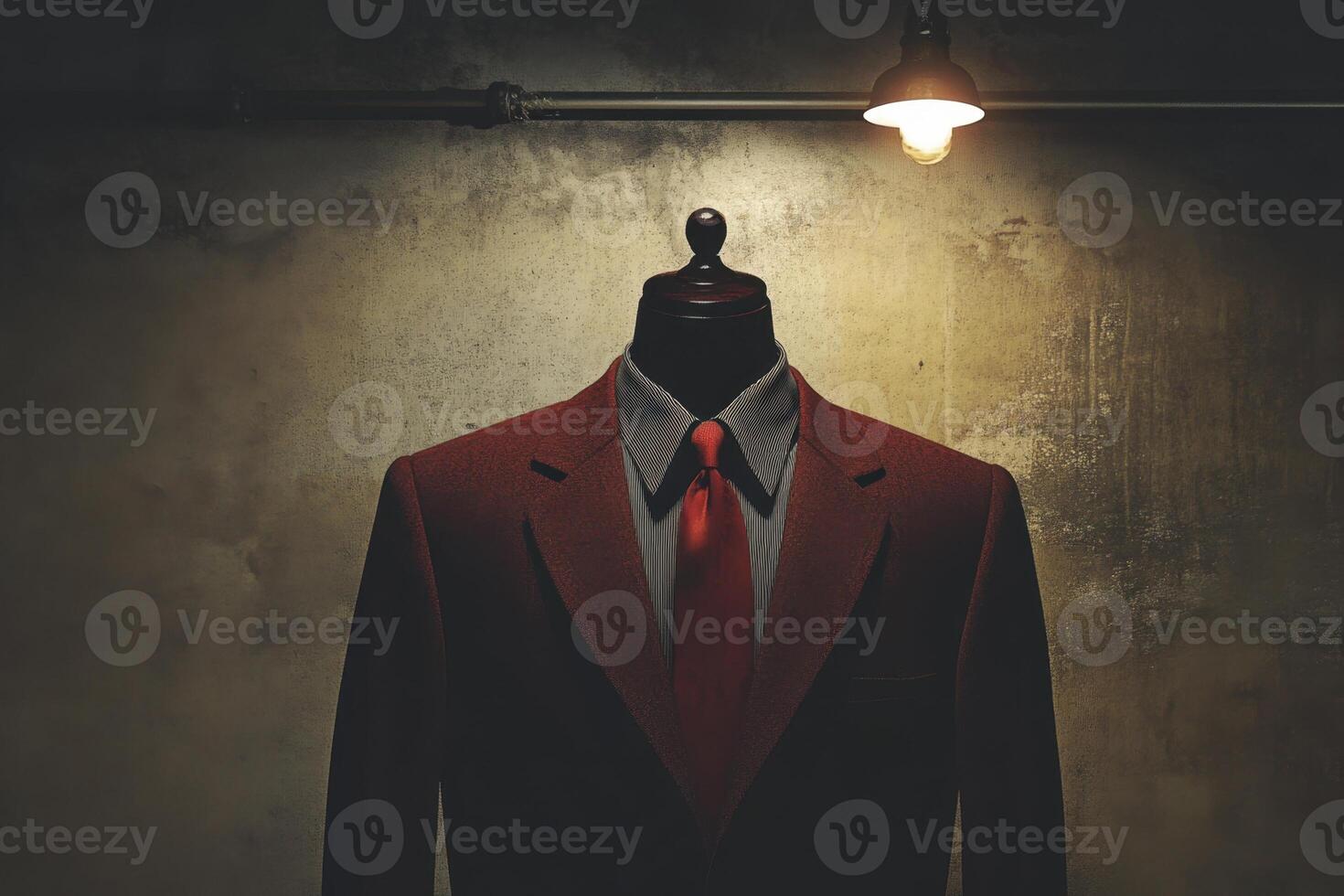 A man's suit is on display in a dimly lit room photo