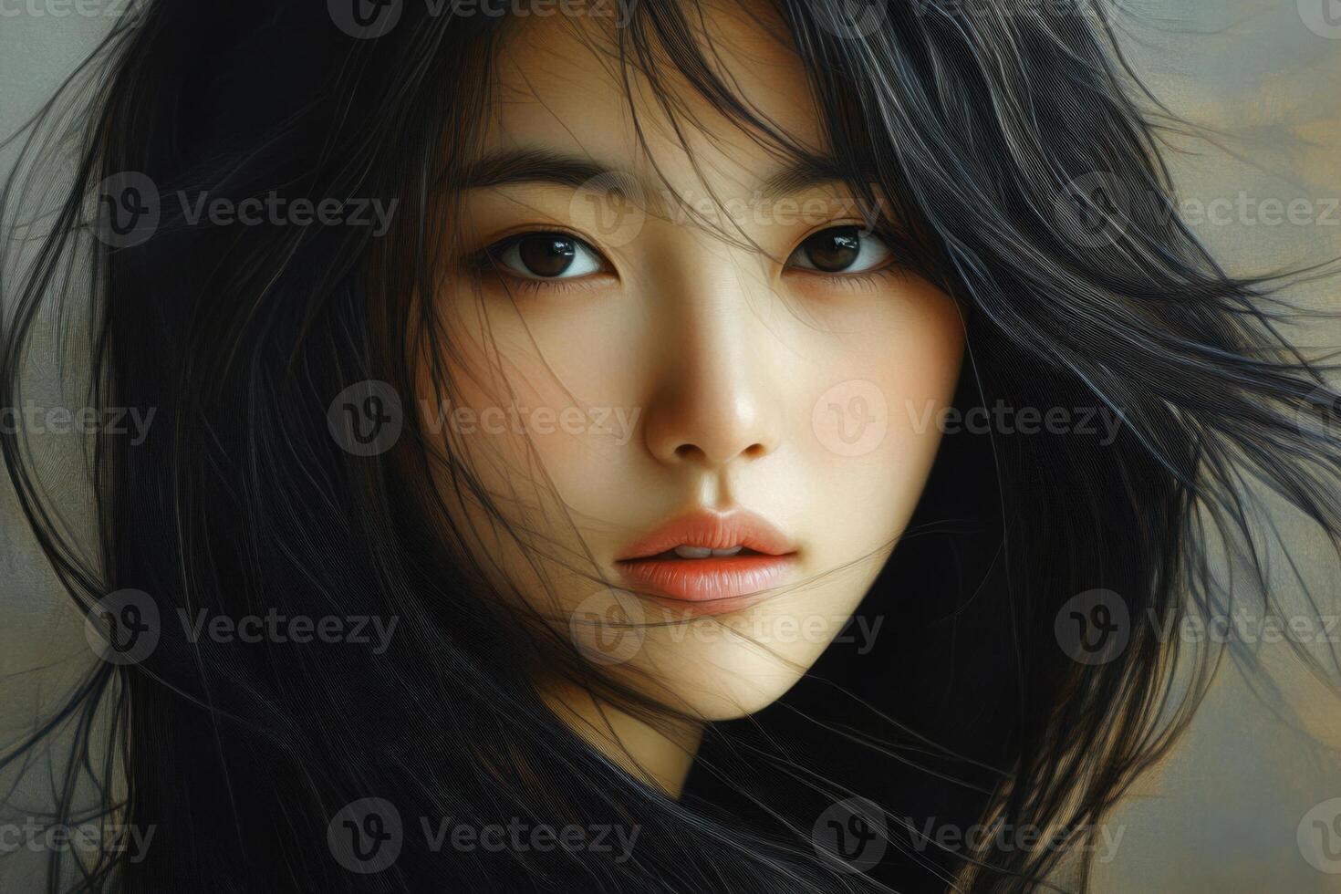 A woman with long black hair and a black and white photo