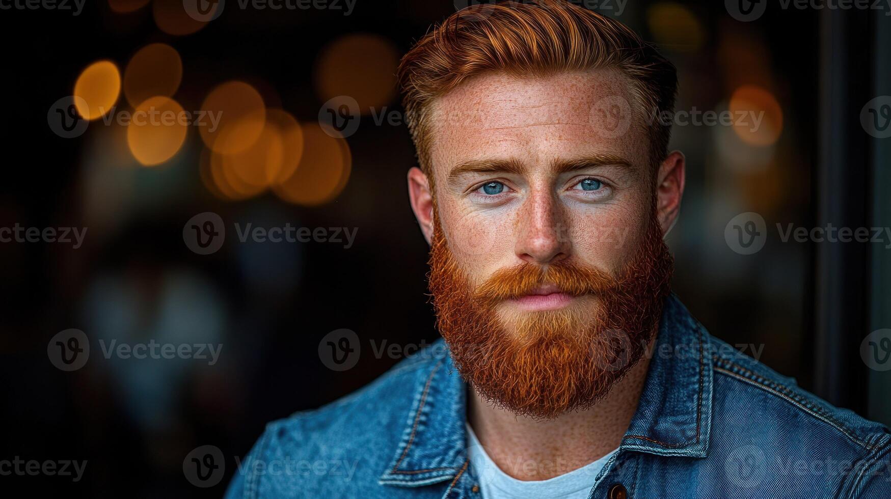 Close-up portrait of a man with a vibrant redhead and full beard. He's looking directly at the camera with a serious expression. Casual, denim jacket over a white shirt photo