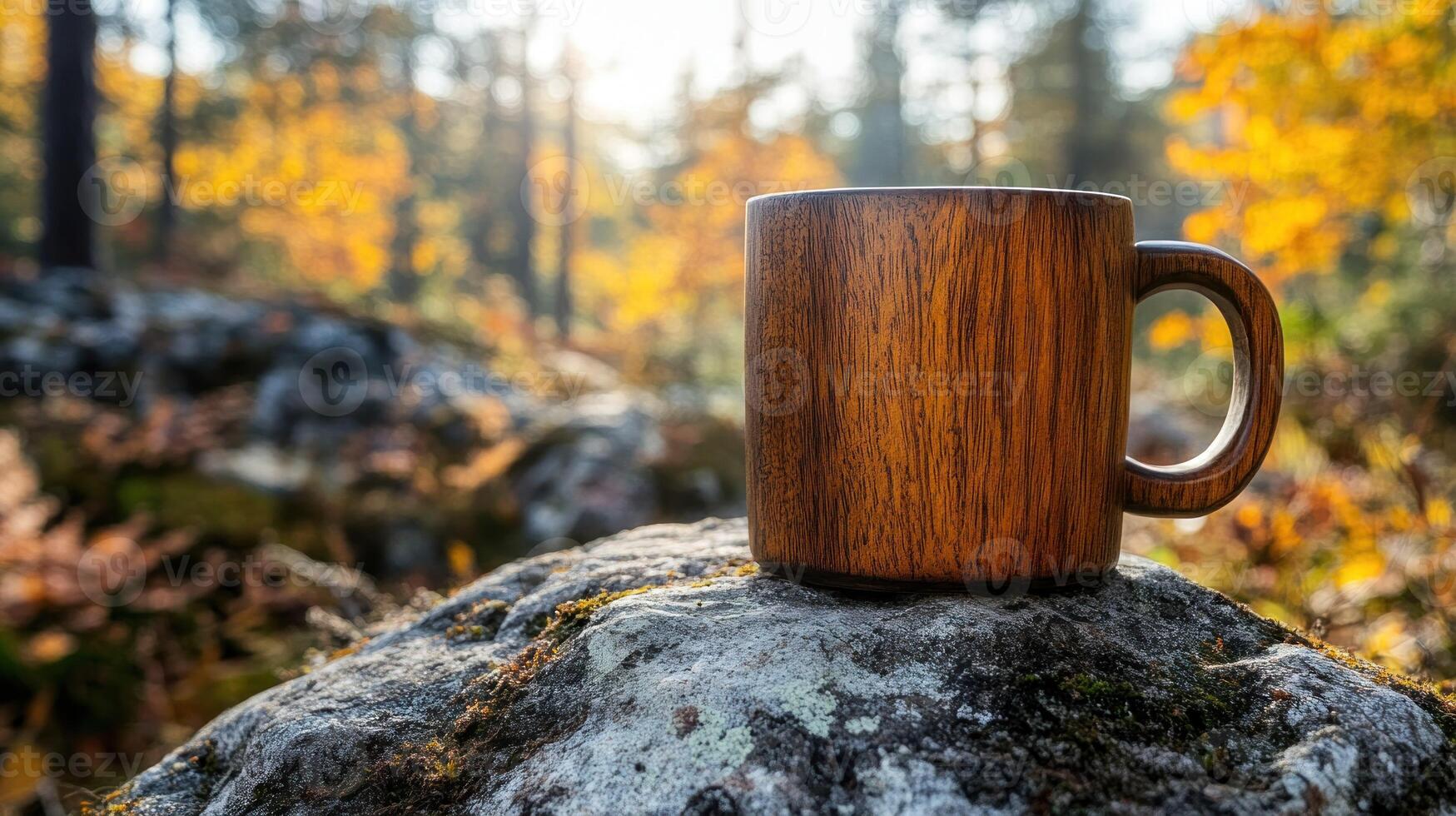 Wooden mug rests on a mossy rock in a sun-dappled autumn forest photo